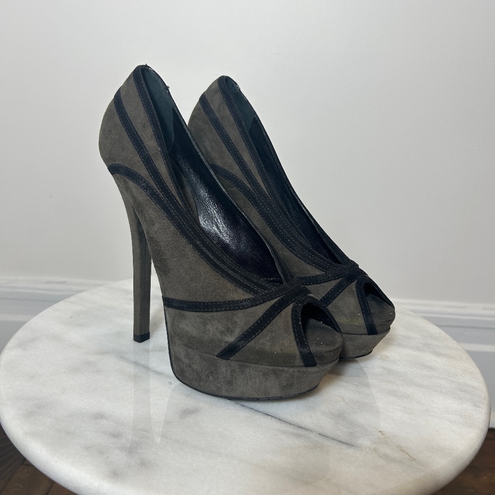FENDI Dark Grey Suede Peep Toe Platform Heels